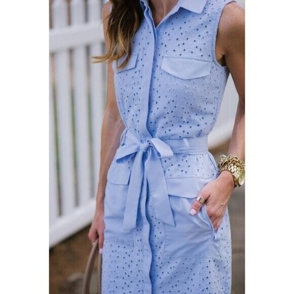 CeCe Cynthia Steffe Size 6 Shirt Dress Eyelet Sleeveless Collar Belted Pockets - Picture 2 of 14